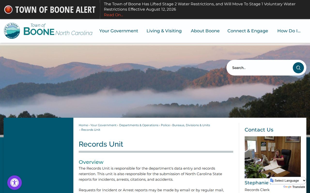 Boone Police Records Unit source page for arrest records